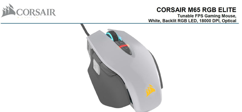 Corsair M65 RGB ELITE Tunable FPS Gaming Mouse White with Black, 18000 DPI, Optical, iCUE Software