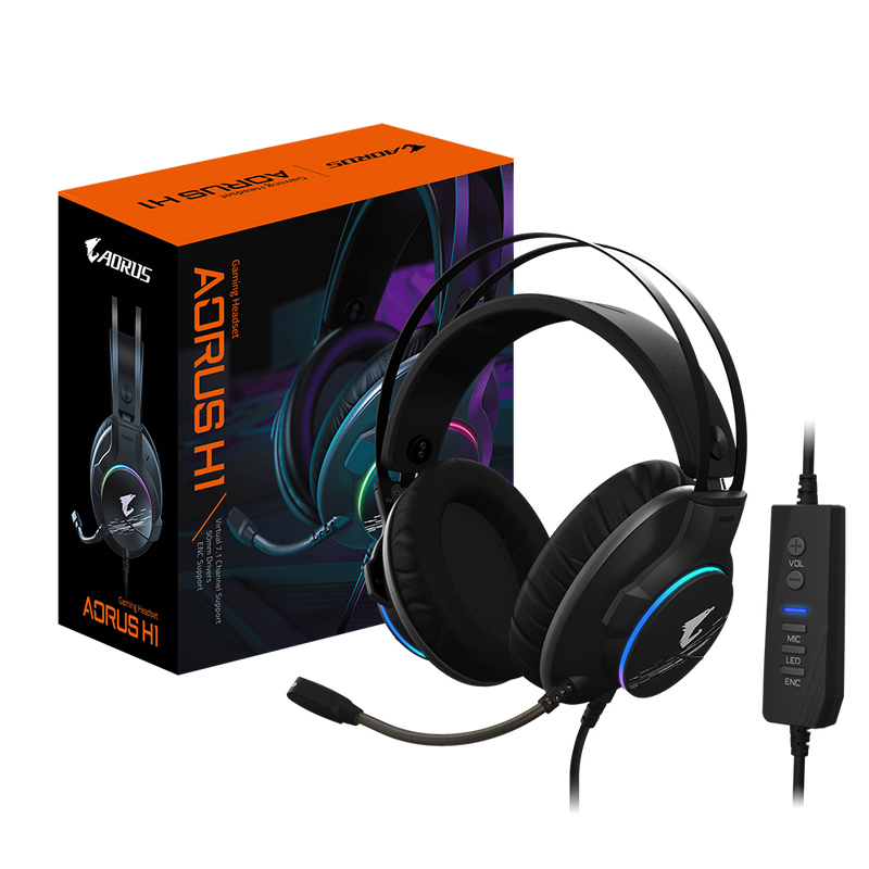 GIGABYTE AORUS H1 Gaming Headset, Virtual 7.1 Channel, 50mm Drivers, RGB, In-Line Audio Controls, ENC Microphone,