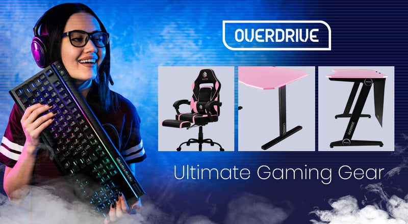 OVERDRIVE Gaming PC Desk Carbon Fiber Style, Pink and Black, with Headset Holder, Gaming Mouse Pad