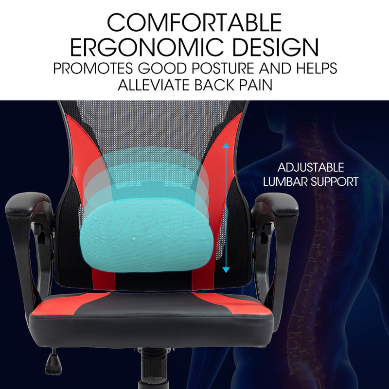 OVERDRIVE Ergonomic Gaming Desk Chair, Height Adjustable Lumbar Support, Mesh Fabric, Faux Leather, Headrest, Black/Red