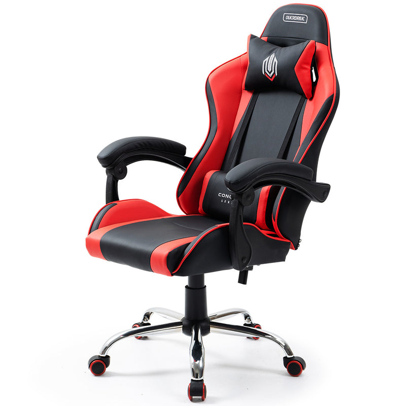 OVERDRIVE Conquest Series Reclining Gaming Ergonomic Office Chair with Lumbar and Neck Pillows, Black and Red