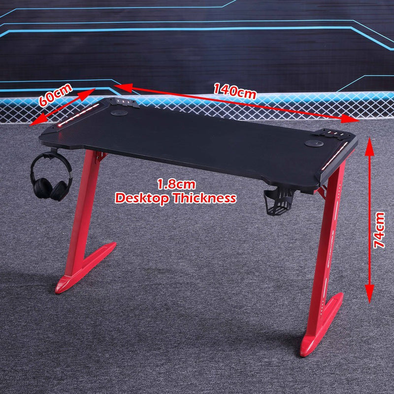 140cm RGB Gaming Desk Home Office Carbon Fiber Led Lights Game Racer Computer PC Table Z-Shaped Red