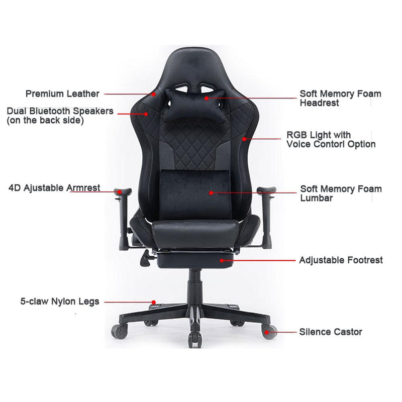 7 RGB Lights Bluetooth Speaker Gaming Chair Ergonomic Racing chair 165° Reclining Gaming Seat 4D Armrest Footrest Pink White