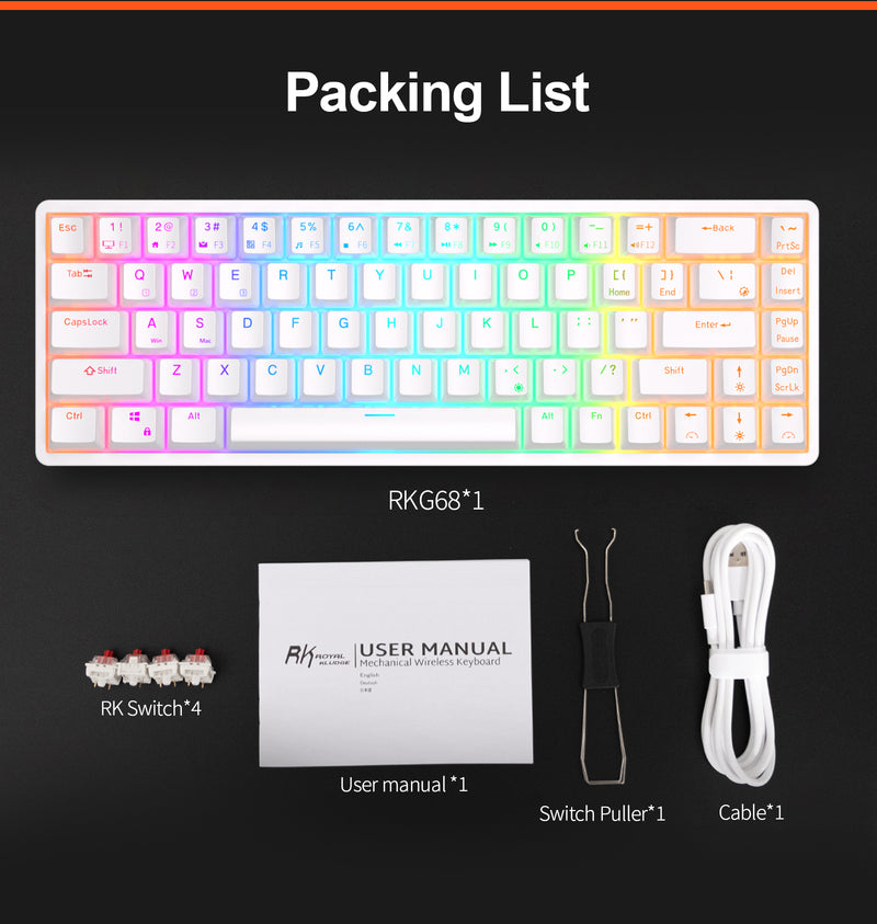 ROYAL KLUDGE RK68 Wireless Hot Swap White 65% Mechanical Keyboard, Red Switch