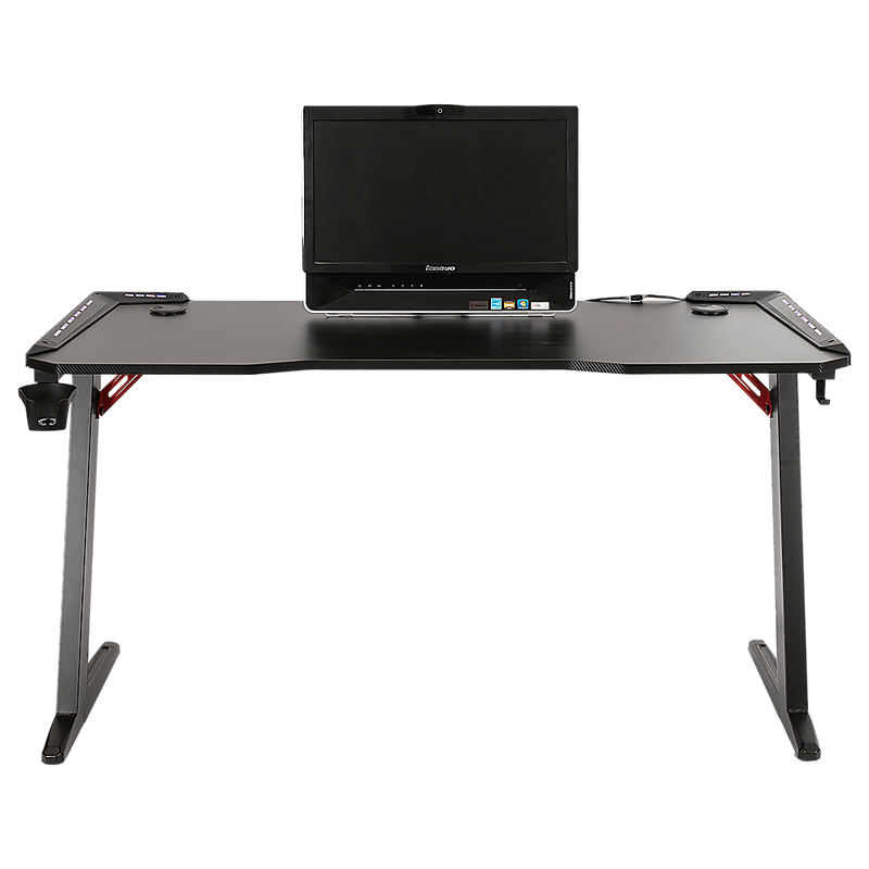 LED Gaming Desk Computer Table with Cup Holder Headphone Hook Cable Hole